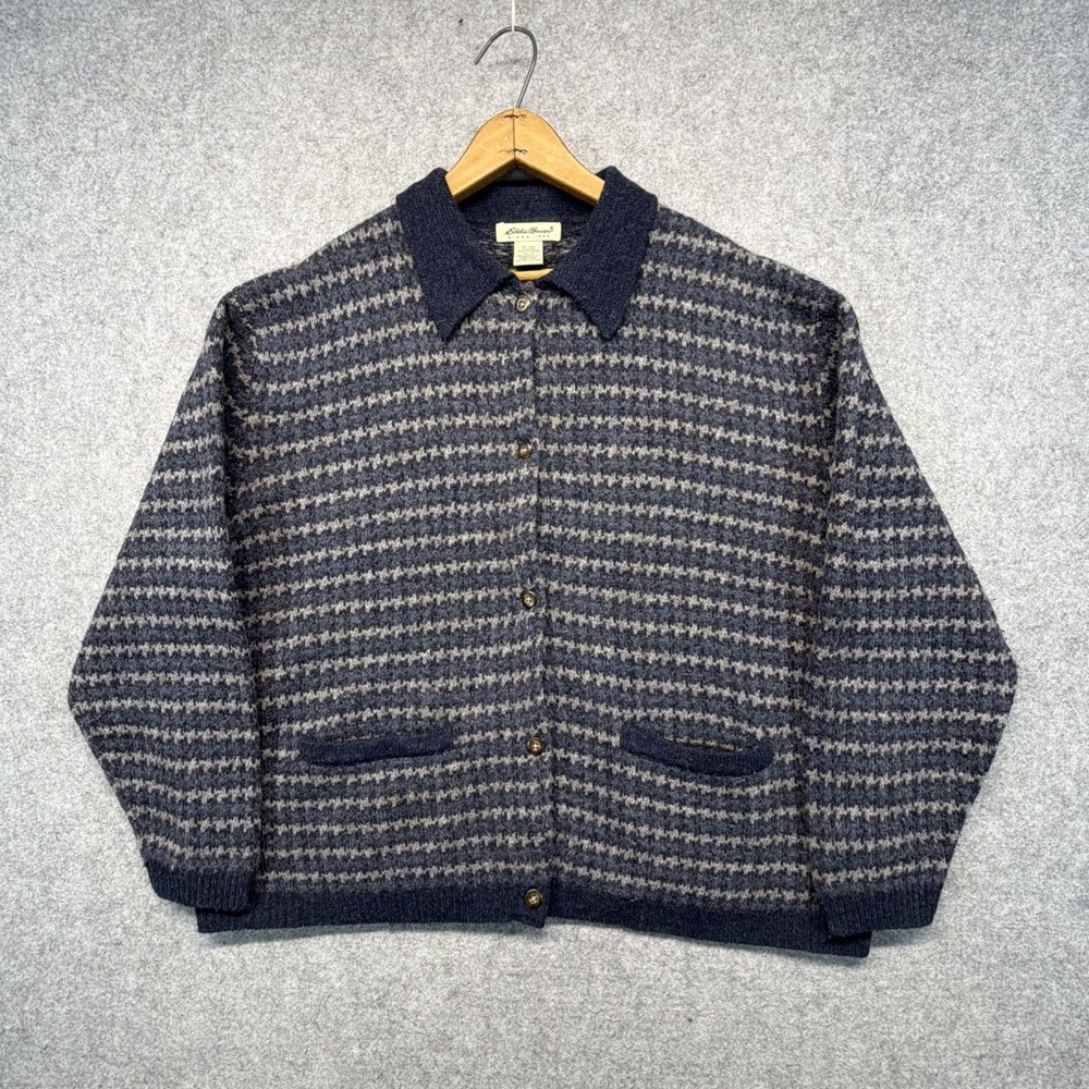 Vintage Eddie Bauer Fair Isle Nordic Knit Wool Cardigan XL Collared Pockets